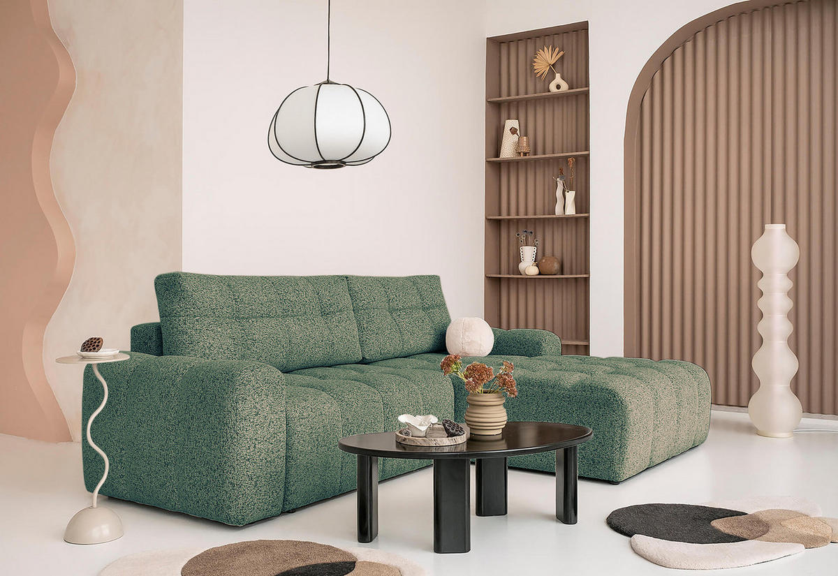 ECKSOFA mit Schlaffunktion - Strukturstoff - Türkis/Beige, Kunststoff/Textil (268/184cm) - home24