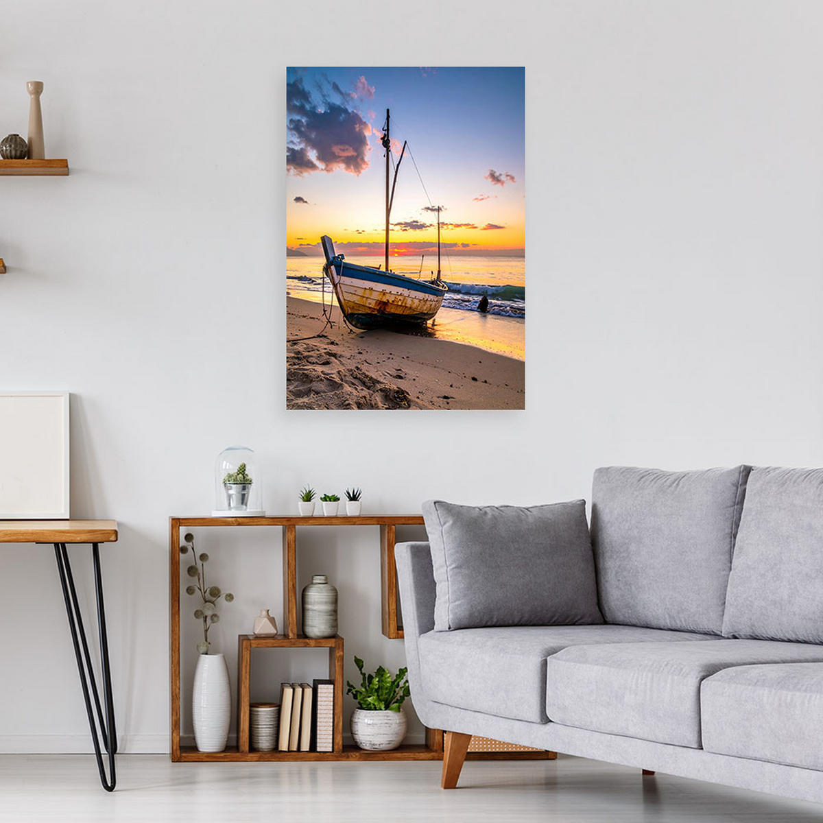 BILD auf Leinwand, Boot Strand Meer Sonnenuntergang - Orange, Textil (80/120cm) - Feeby