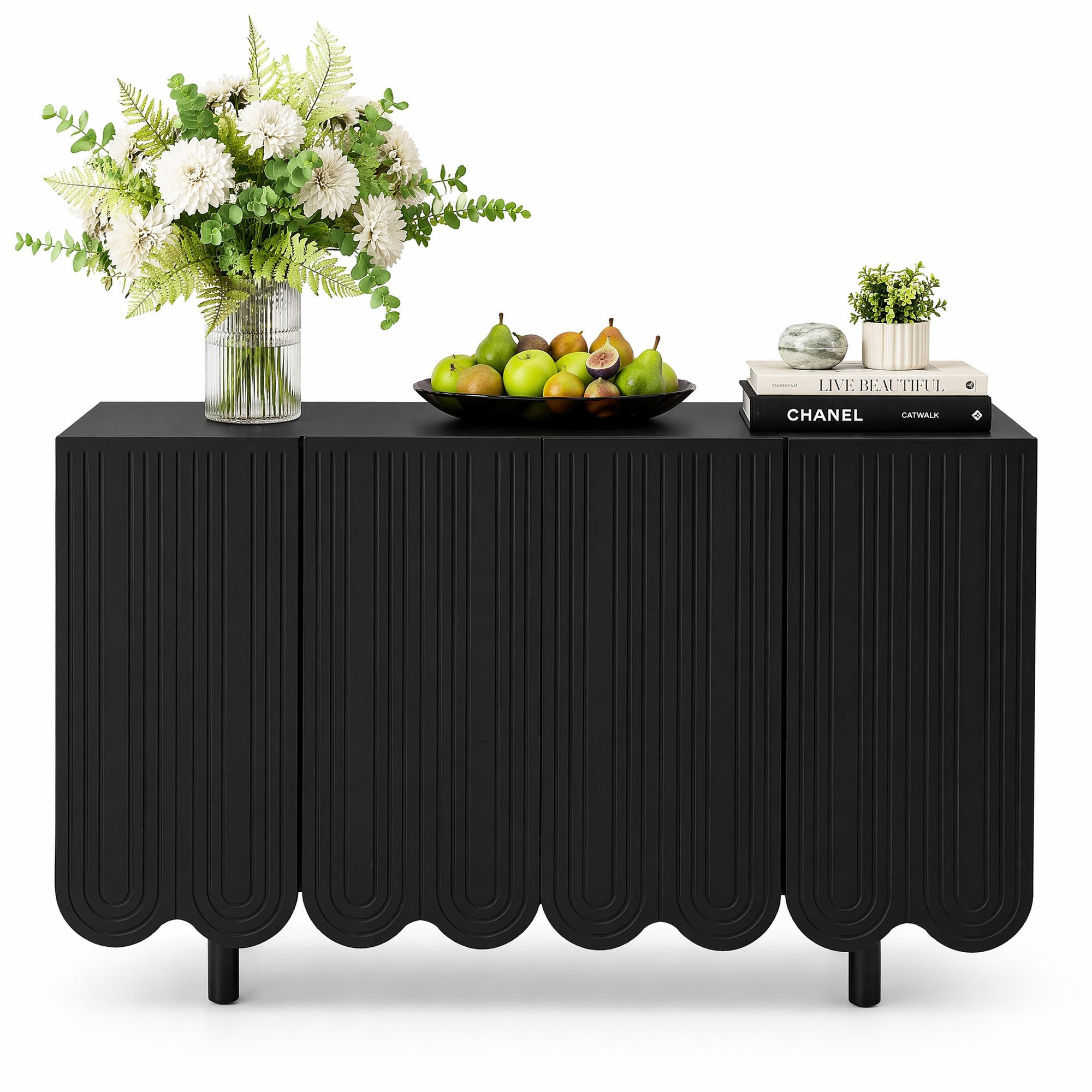 KUCHYŇSKÁ SKŘÍŇ černá, kapkovitý design, tvarovaná dvířka, do obývacího pokoje a jídelny, 120×37,5×80,8 cm - černá, kov/kompozitní dřevo (120/80.8/37.5cm) - STILVORA