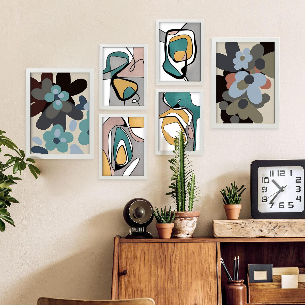 POSTER Set Mit 6 Hodgepodge Blume In Blume Zusammenfassung Ästhetische Dekorative Gemälde Für Ihr Wohnzimmer Zuhause A3 & A4 Weißer Rahmen - Weiß, Papier (29/3cm) - Nacnic