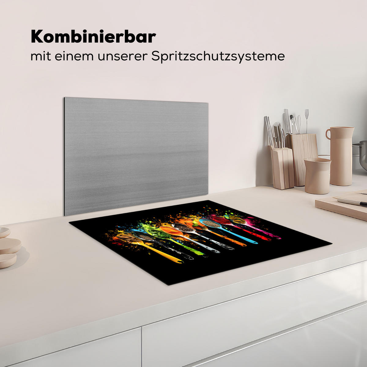 KRYT NA INDUKČNÍ DESKU Lžičky - koření - moderní - graffiti - barva - barevné 58.3x51.3 cm - různobarevná, plast (58.3/51.3/0.2cm) - MuchoWow