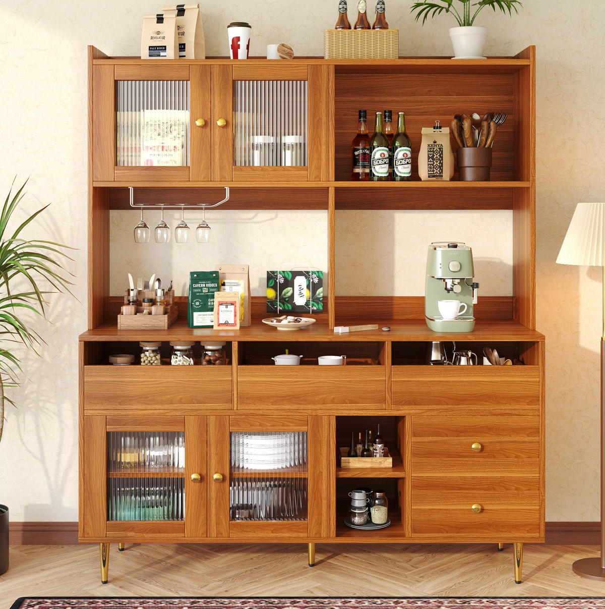BUFFET 145/39/171 cm in Walnussbraun mit Changhong-Glastür und Weinregal - Walnussfarben, Holzwerkstoff (39/171/145cm) - Flora Grace