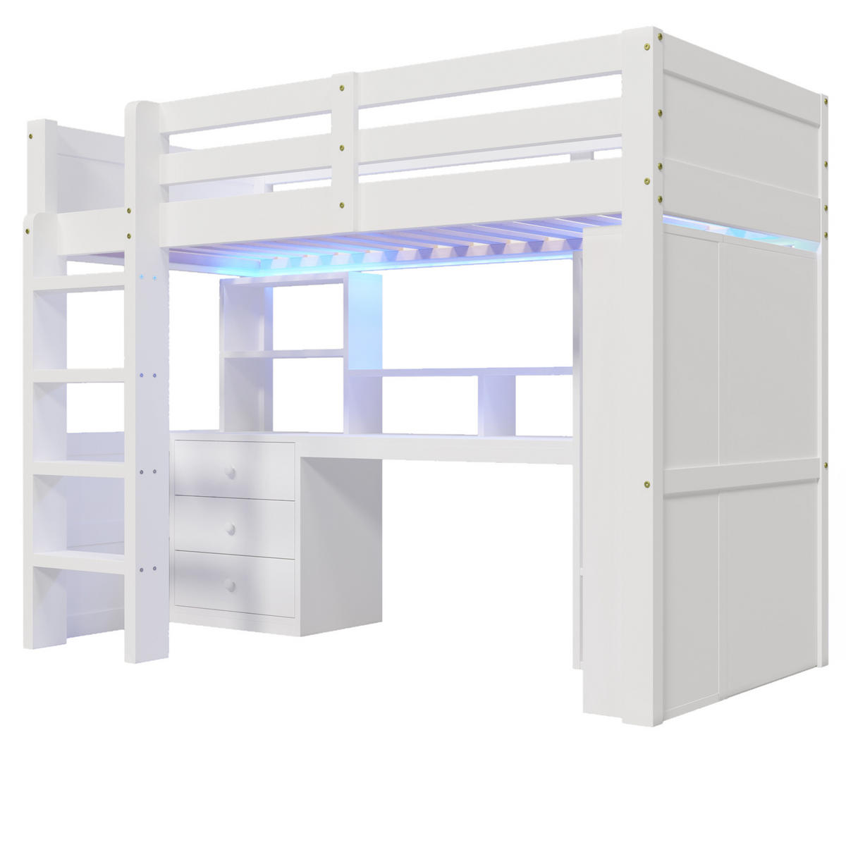 HOCHBETT 90/200 cm in Weiß mit LED-Beleuchtung, Schreibtisch und Kleiderschrank - Weiß, Holzwerkstoff (90/200cm) - Flora Grace