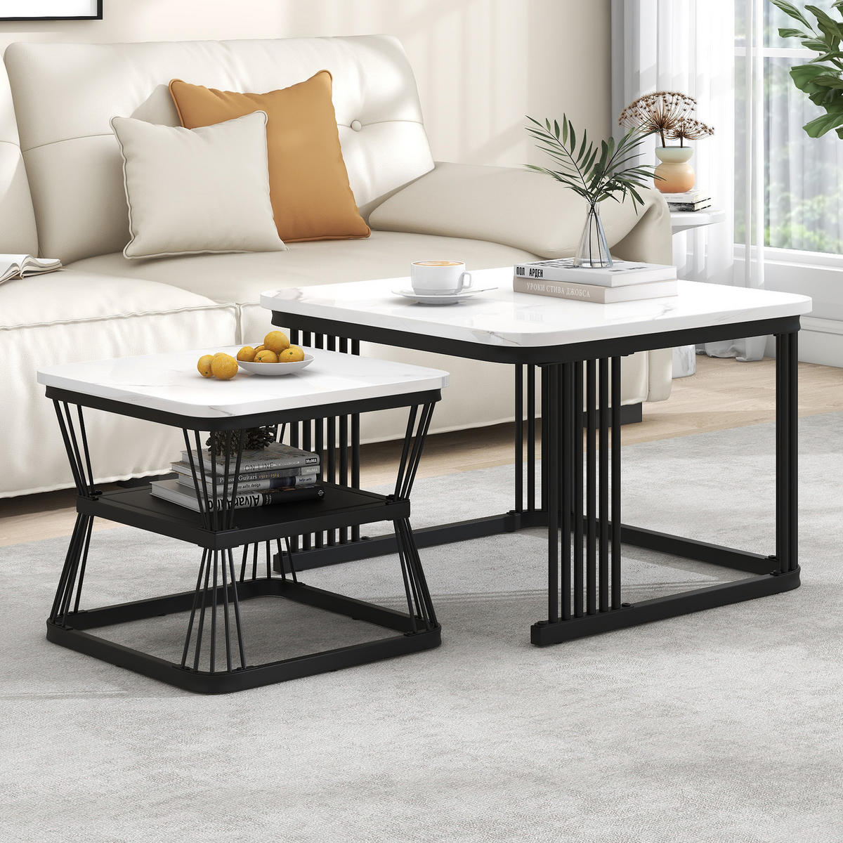 COUCHTISCH 65/65/45 cm und 45/45/39,5 cm Weiß in Marmoroptik mit mattschwarzen Stahlbeinen - Weiß, Holzwerkstoff (65/65/45cm) - OKWISH