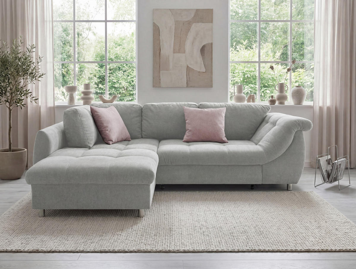 ECKSOFA mit Schlaffunktion, Wellenunterfederung, Ottomane links B250/T190/H84 cm, Liegefl. 179x190 cm, Mikrofaser Grau / 17004 - Chromfarben/Grau, Textil/Metall (250/190cm) - luma-home