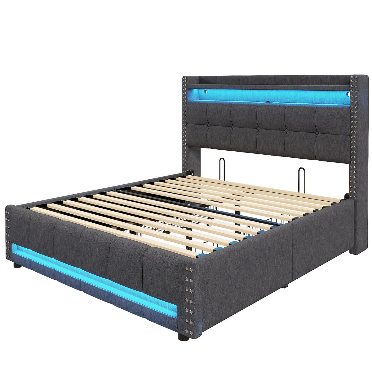 POLSTERBETT 140x200 cm Grau mit LED-Beleuchtung, USB-Anschluss und Stauraum - Grau, Textil (140/200cm) - IVMEU