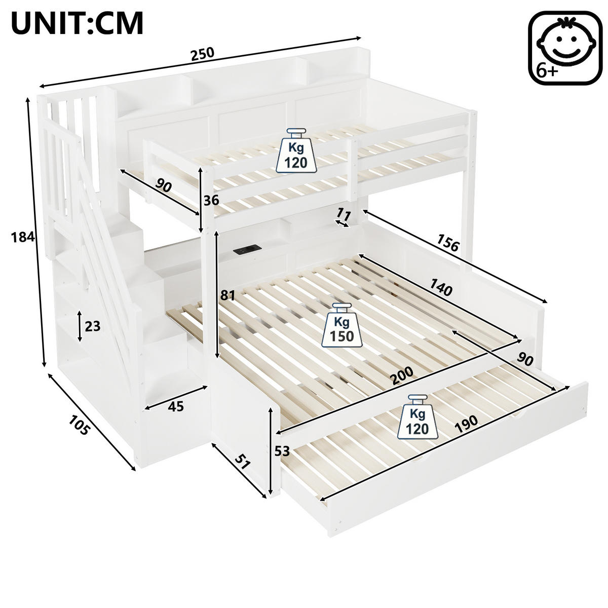 ETAGENBETT aus MDF und Kiefernholz 90x200/140x200 cm Weiß mit Ausziehbett, Stauraumtreppe und USB-Anschluss - Weiß, Holz (90/200cm) - Modfu