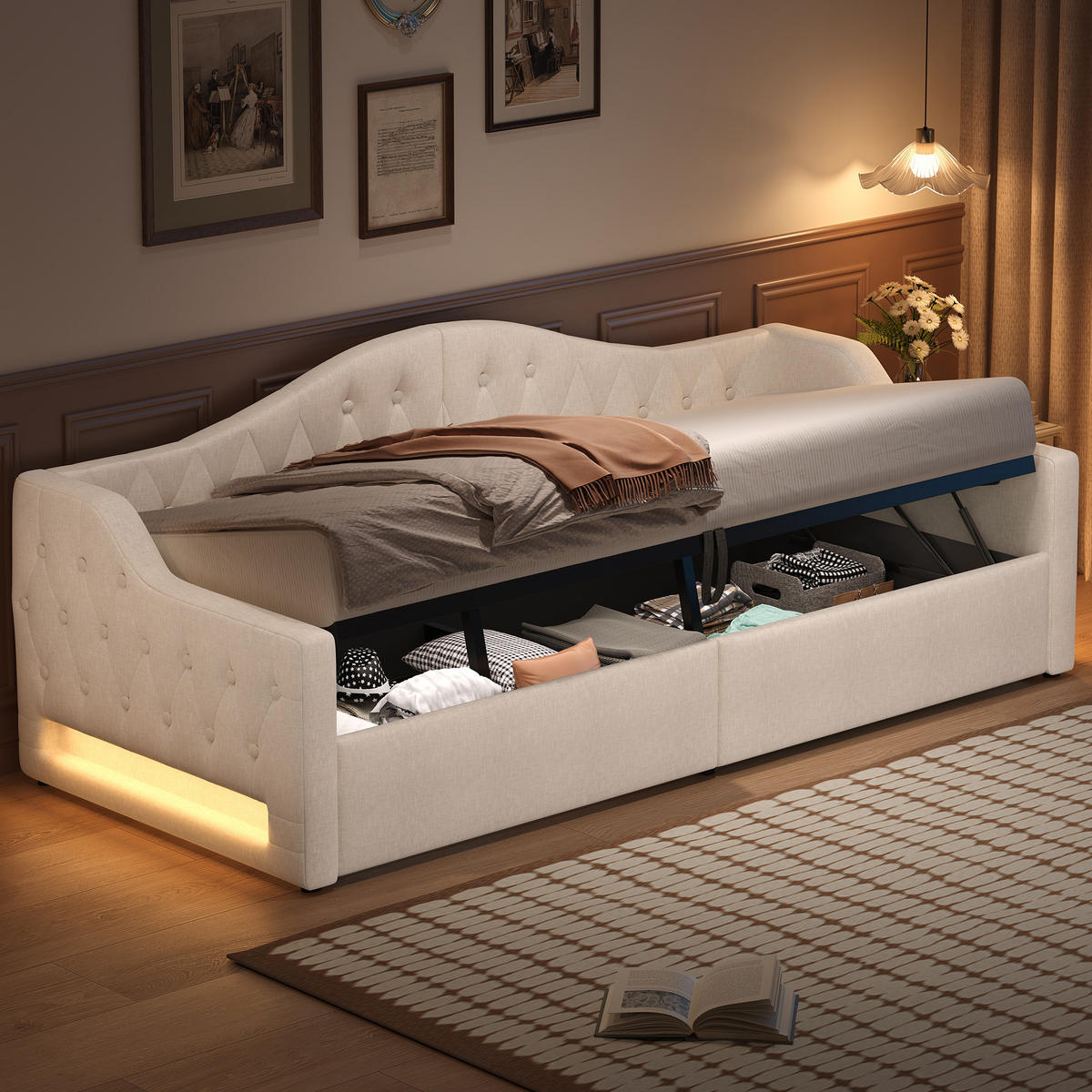 POLSTERBETT 90/200 cm Beige mit LED-Beleuchtung und Stauraum aus Leinen - Beige, Holzwerkstoff (90/200cm) - OKWISH