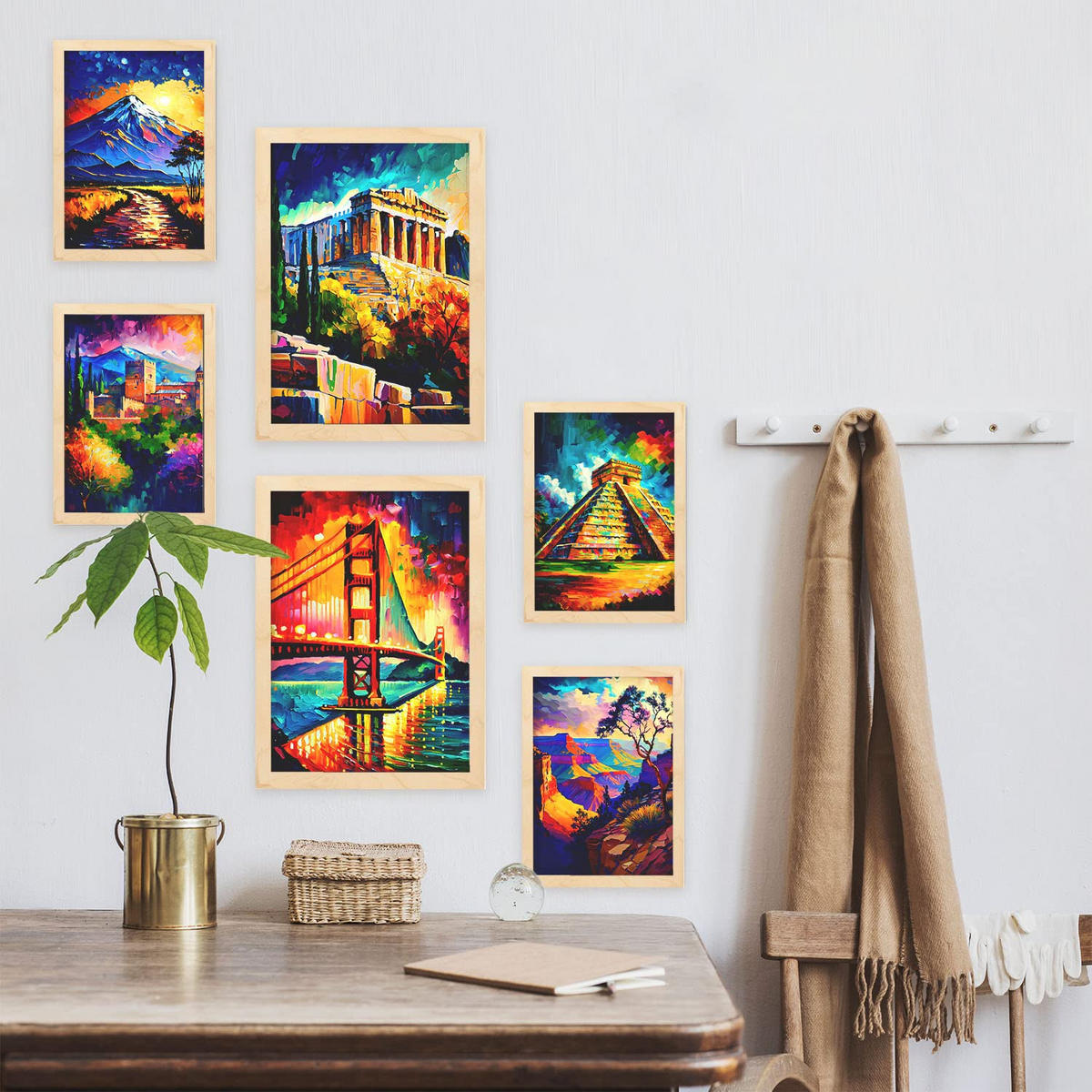 POSTER Set Mit 6 Ästhetisch Im Ölgemälde Stil A3 & A4 Rahmen Aus Hellem Holz - Beige, Papier (29/3cm) - Nacnic