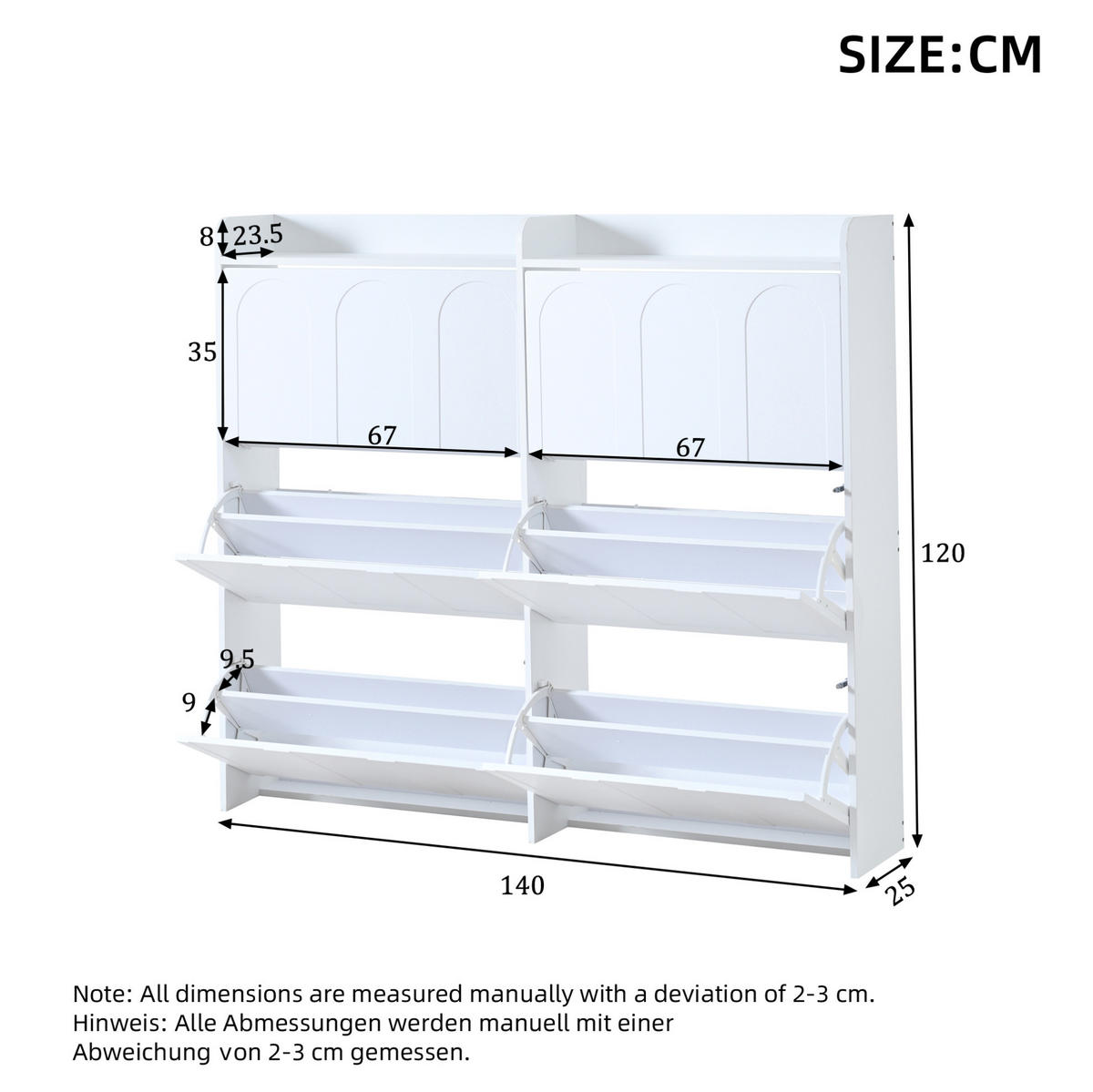 SCHUHSCHRANK 140/25/120 cm mit 6 Klapptüren und Schublade aus MDF, Weiß - Weiß, Holzwerkstoff (70/120/25cm) - Redom