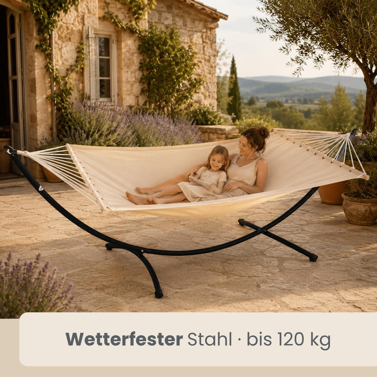 DOPPEL-HÄNGEMATTE mit Gestell bis 120kg, 200/120cm, Beige - Beige, Metall (100/90/300cm) - Amanka
