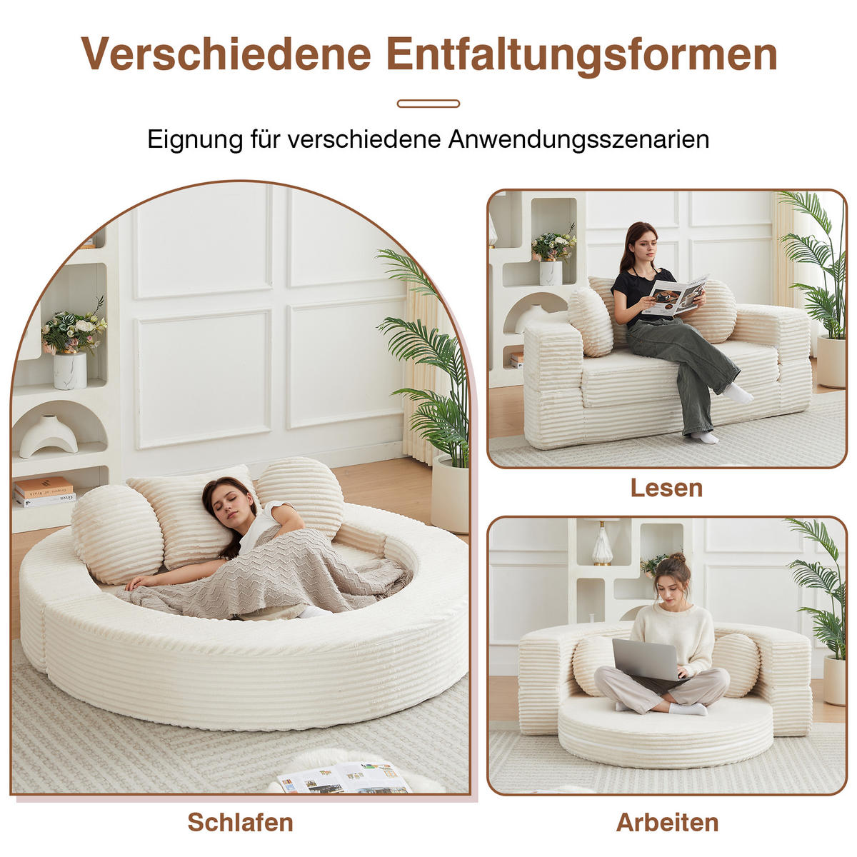 SCHLAFSOFA 4-in-1 halbrund/rund mit 3 Kissen, DE-42726, Beige - Beige, Textil (180/84/92cm) - ComfortXL