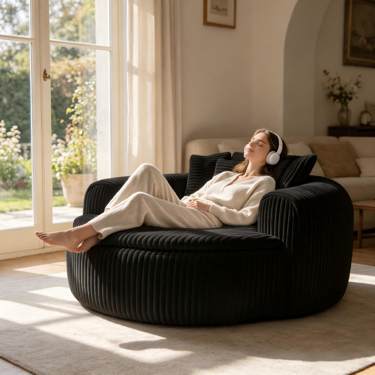SITZSACK Cord Extrabreit mit 5 Kissen - Schwarz, Textil (145/59/133cm) - Urban Meuble