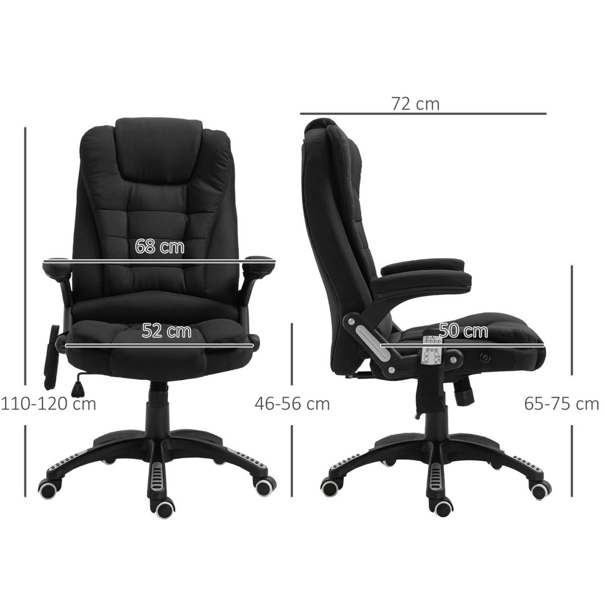 DREHSTUHL 68/72/110-120 cm schwarz aus Polyester mit Massage- und Heizfunktion - Schwarz, Kunststoff (74/120/67cm) - OKWISH