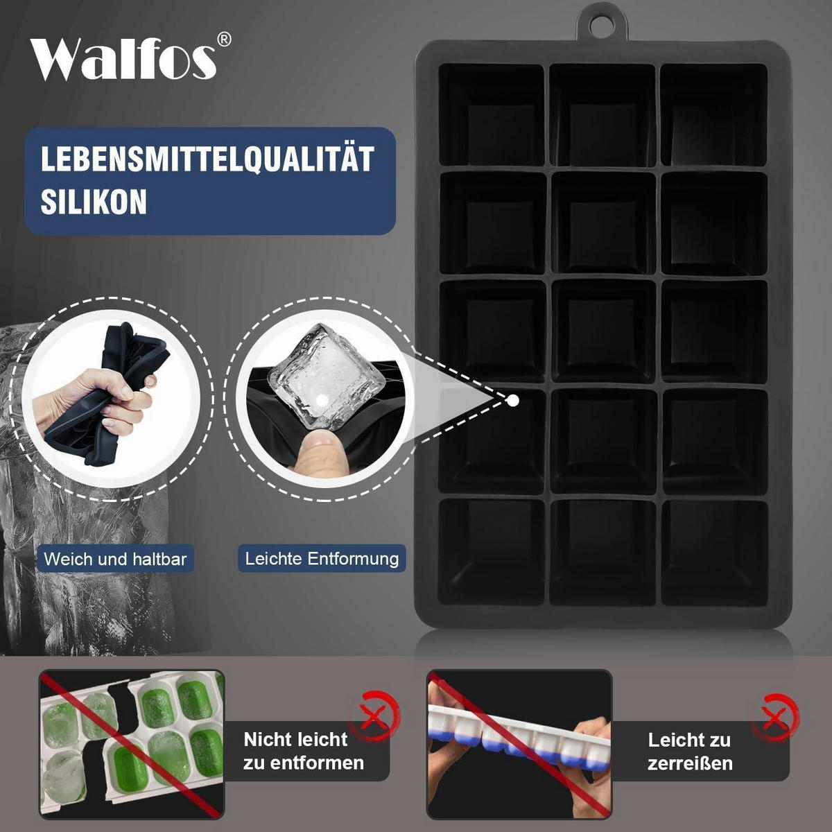EISWÜRFELFORM 3er-Pack mit Deckel - Schwarz, Kunststoff (11.7/3.2/18.6cm)