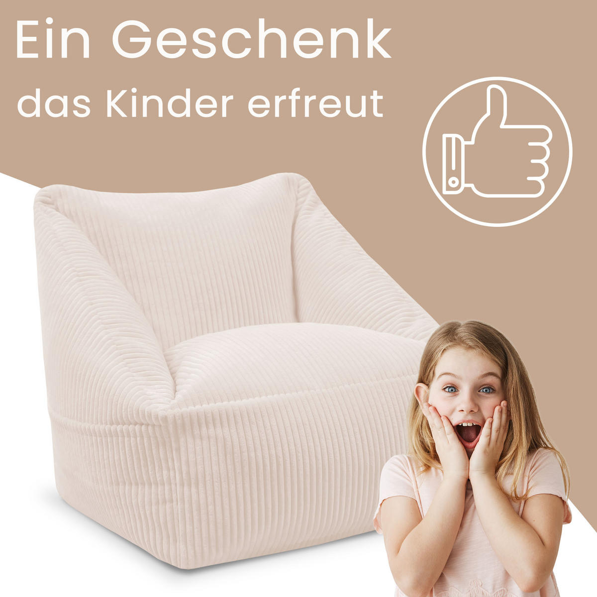 SITZSACK-SESSEL Bambino 55/60/55 cm, weicher Cord 380 g/m², mit Griff & Seitentasche, Creme - Creme, Textil (55/55/60cm) - Dreamroots