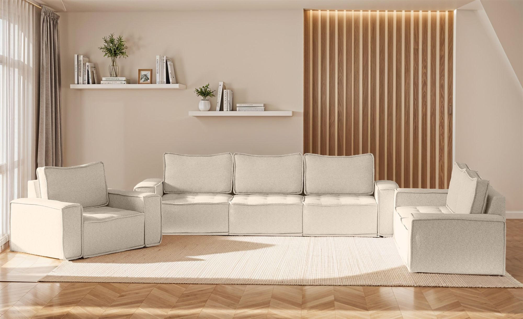 SOFASET Sande 3-2-1 In Raven - Creme, Holzwerkstoff/Textil (292/85/90cm) - Fun Möbel