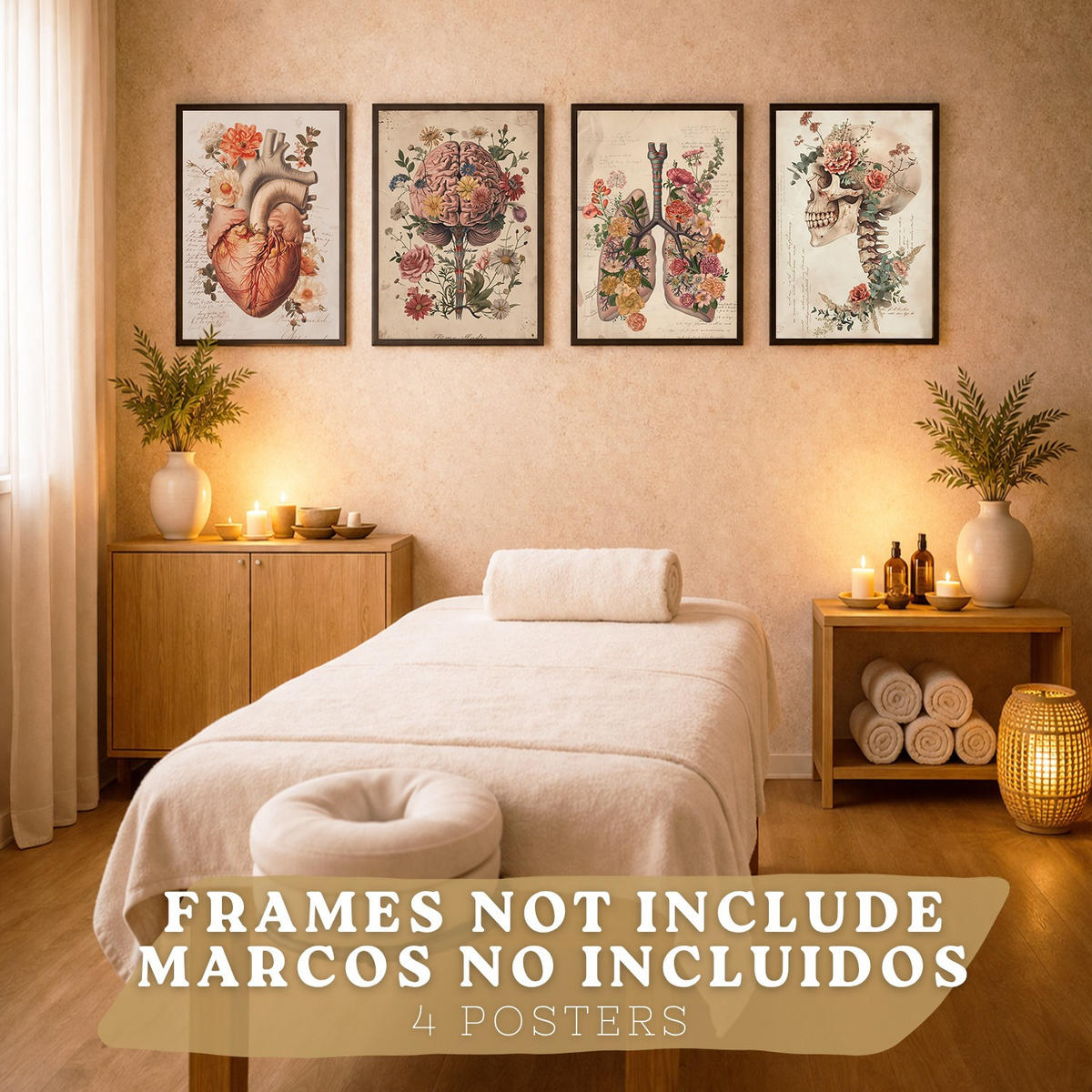 POSTER Set aus 4 Vintage Anatomie Drucke und Wandbilder mit Blumen Herz Lungen Schädel und Gehirn Medizinische Wanddekoration Größe Rahmenlos A3 - Klar, Papier (29.7/42/3cm) - Nacnic