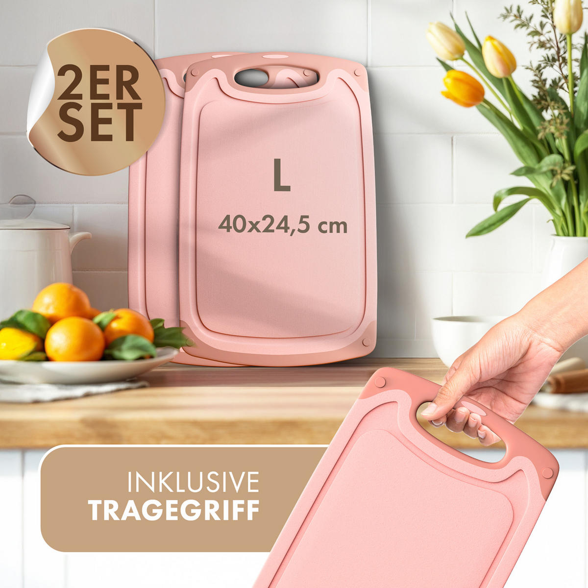 SCHNEIDEBRETT 2er Set Rosa - Rosa, Kunststoff (24.5/40cm) - Blumtal