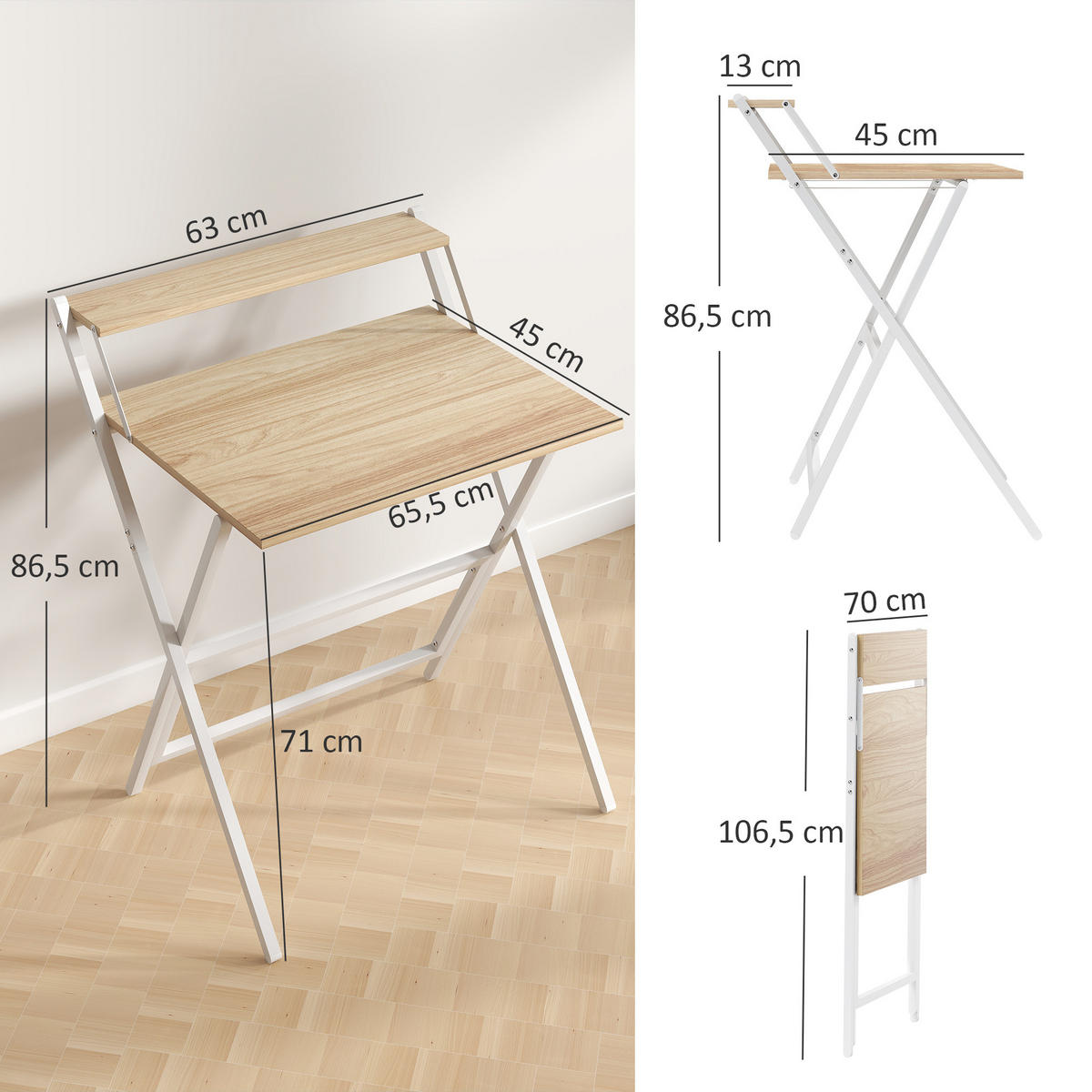 SCHREIBTISCH Stahl MDF Naturholz - Weiß/Naturfarben, Holzwerkstoff (62/70/86.5cm) - HOMCOM