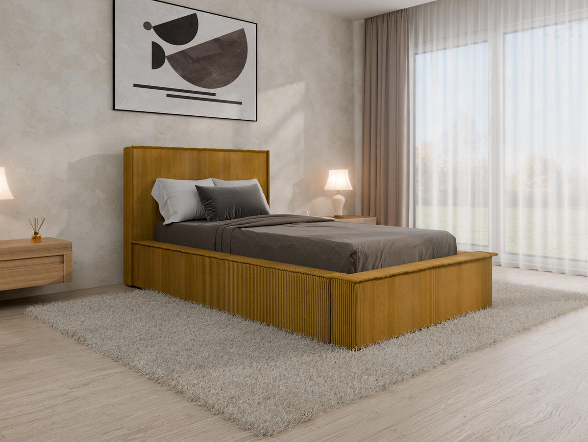 POLSTERBETT SANA 100x200cm Elegantes Polsterbett für modernen Wohnstil , Taschenfederkernmatratze mit kokos KORNOS (20cm), Currygelb - Currygelb, Holz (100/200cm) - Panda Möbel