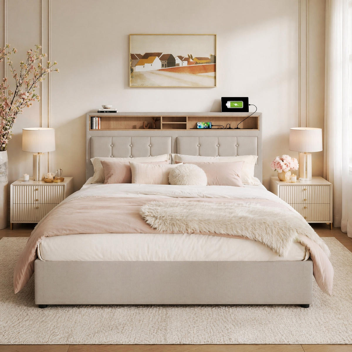 POLSTERBETT 140/200 mit Bettkasten, USB-C und verstellbarem Kopfteil mit Matratze - Beige, Holzwerkstoff/Textil (140/200cm) - EVRYAE