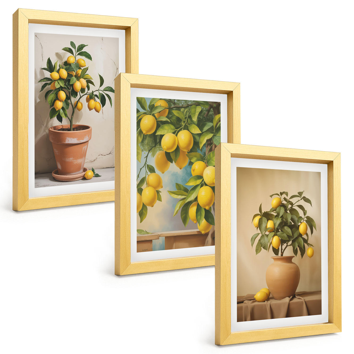 BILDER SET 3er Set - 20x30 cm Goldrahmen - Zitronenbäumchen im Topf und in der Vase - Goldfarben, Kunststoff (20/30cm) - TULUP