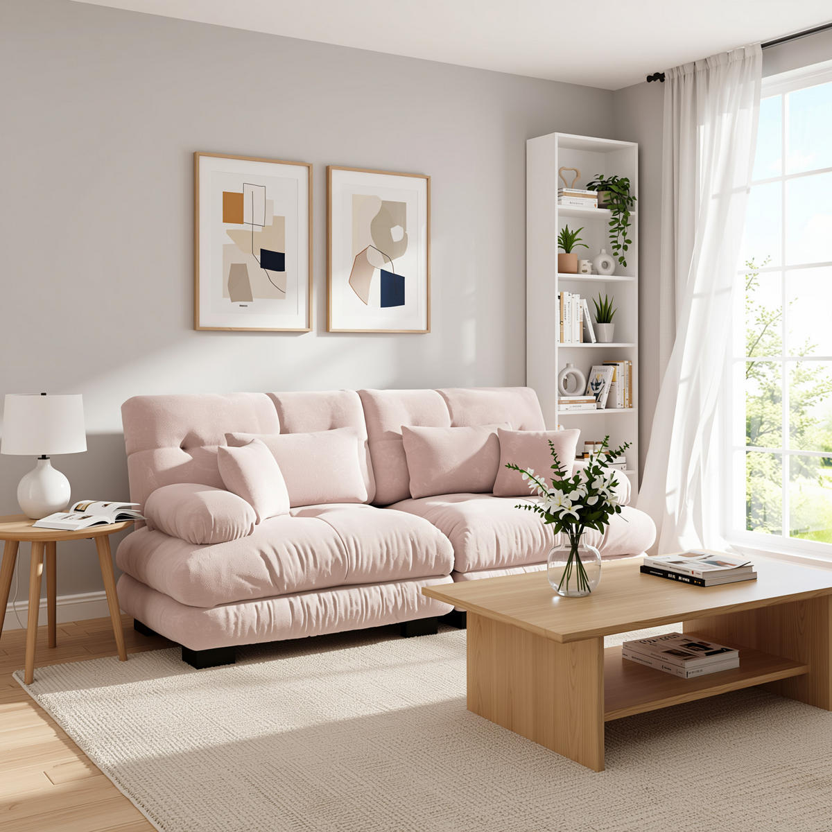 2-SITZER SOFA chenille rosa mit 4 kissen & modularem design - Pink, Textil (220/81/77cm) - Urban Meuble