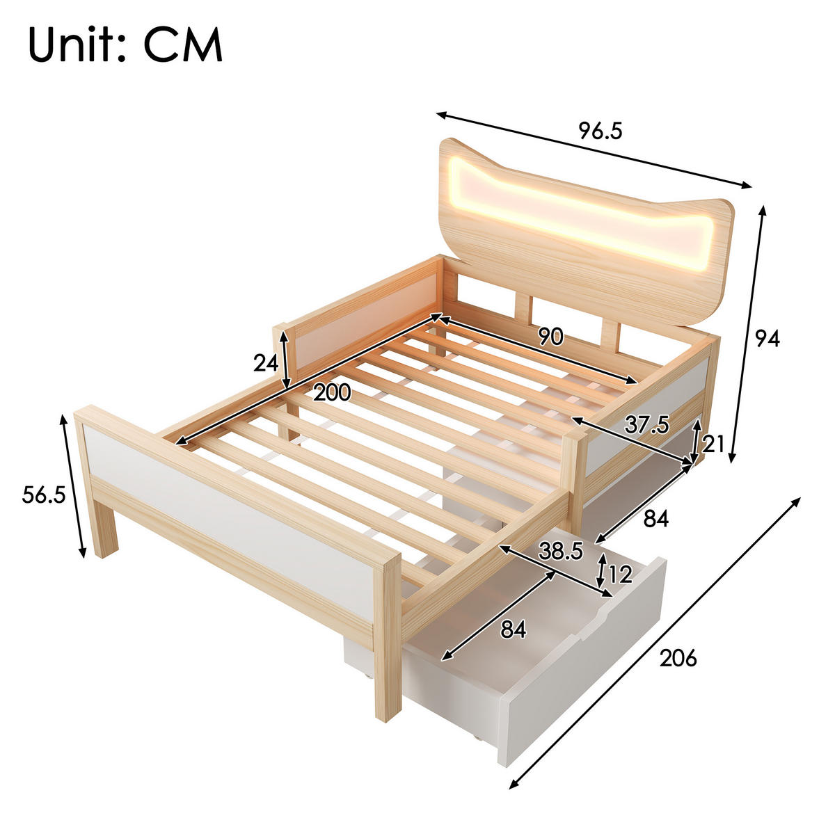 KINDERBETT 90/200 cm weiß/eiche aus Holz mit LED-Katzenkopfteil und Stauraum - Eichefarben, Holzwerkstoff (90/200cm) - OKWISH