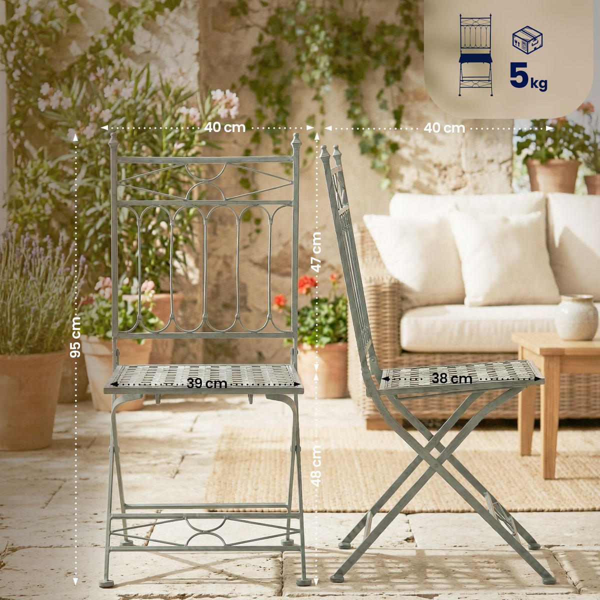 GARTENKLAPPSTUHL Metall Antik-Grün - Grün, Metall (40/95/40cm) - CLP