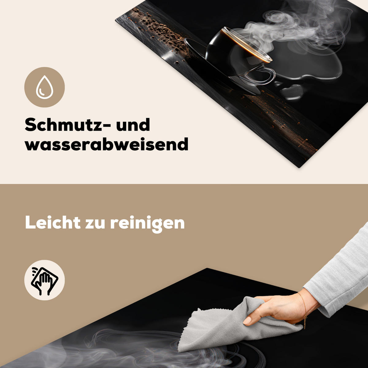 HERDABDECKPLATTE Kaffee - Schwarz - Bohnen - Heiß - Tasse Herdabdeckung Induktionsfeld 75x52 cm - Schwarz, Kunststoff (75/52/0.2cm) - MuchoWow