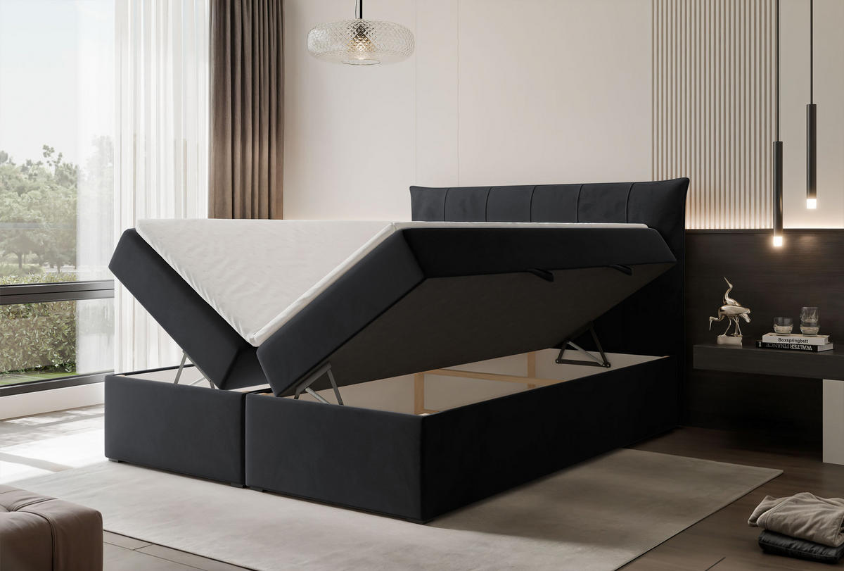 BOXBETT CHESTER 160/200 cm mit Matratze und Topper, Schwarz - Schwarz, Holzwerkstoff/Textil (160/200cm) - Idohome