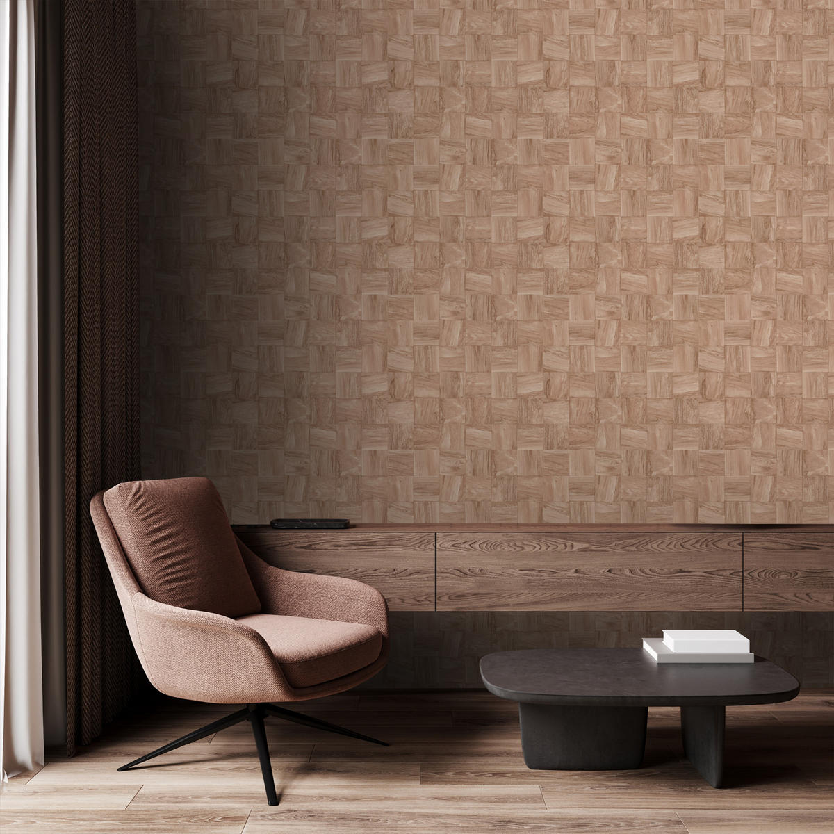 TAPETE quadratische Holzstücke 50 x 900 cm - Terracotta, Papier (50/900cm) - Origin Wallcoverings
