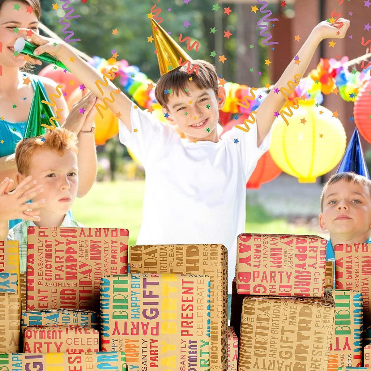 GESCHENKPAPIER Set Geburtstag 5 Blatt mit Band und Aufklebern - Multicolor, Papier (22/1/33cm)