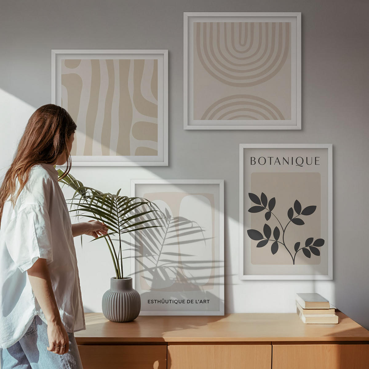 BILDER SET 4er Set - 50x50 cm & 40x60 cm Weißer Rahmen - Boho-Pflanzenposter - Weiß, Kunststoff (50/50cm) - TULUP