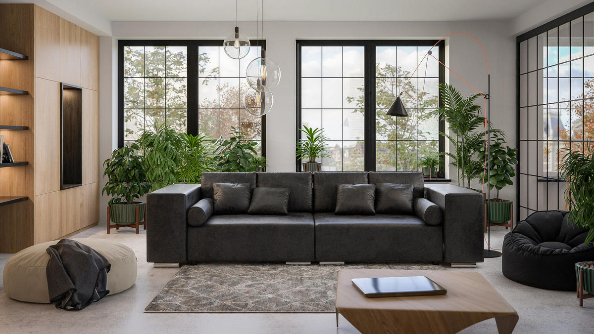 BIGSOFA Rico Anthrazit Microfaser Vintageoptik - Anthrazit/Schwarz, Kunststoff/Textil (290/80/110cm) - S-Style Möbel