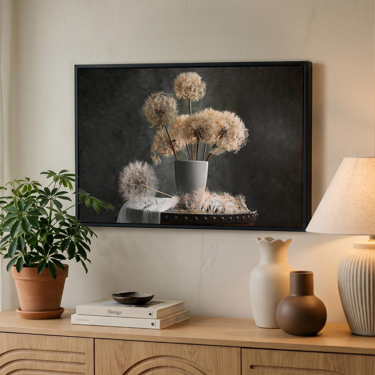 LEINWAND Bilder mit Rahmen - Blumensamen - Löwenzahn - Vase - Stilleben - Blumenstrauß - 60x40 - Dunkelgrau, Textil (60/40cm) - MuchoWow