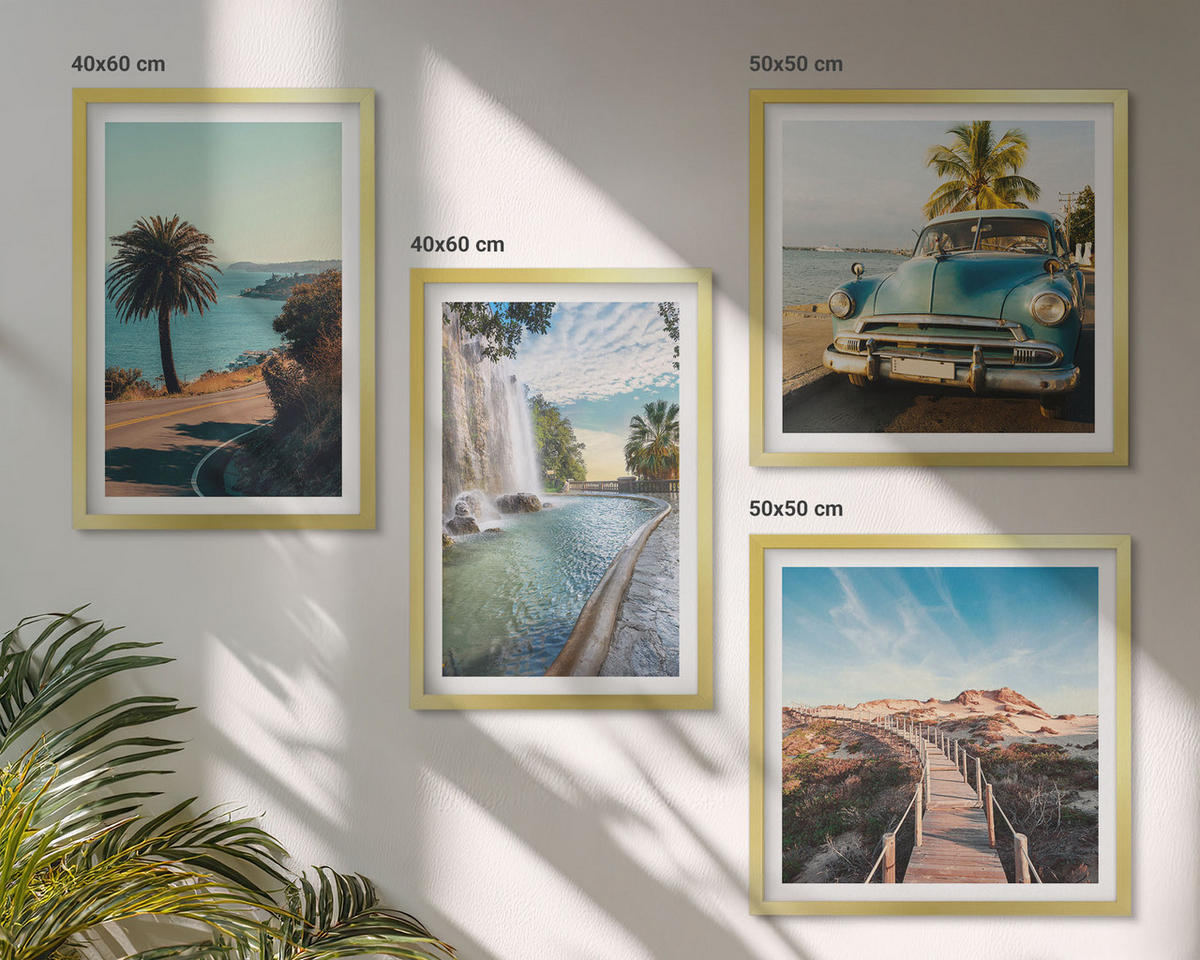 BILDER SET 4er Set - 50x50 cm & 40x60 cm Goldrahmen - Urlaub Palmen Wasserfall - Goldfarben, Kunststoff (50/50cm) - TULUP