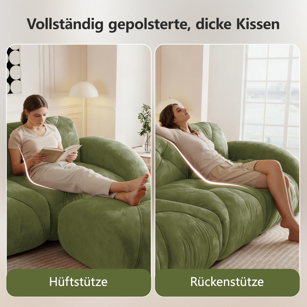 3-STIZER Sofa mit Hocker, flexibles Lounge-Design und 32D-Schaumstoff, Grün - Grün, Textil (281/76/171cm) - Redom