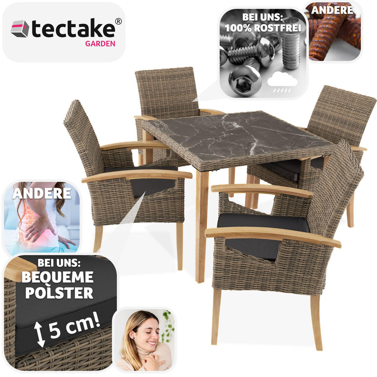 GARTENTISCH Tarent mit 4 Stühlen Rosarno, Armlehnen und Füße aus Holz, natur - Naturfarben, Kunststoff - tectake