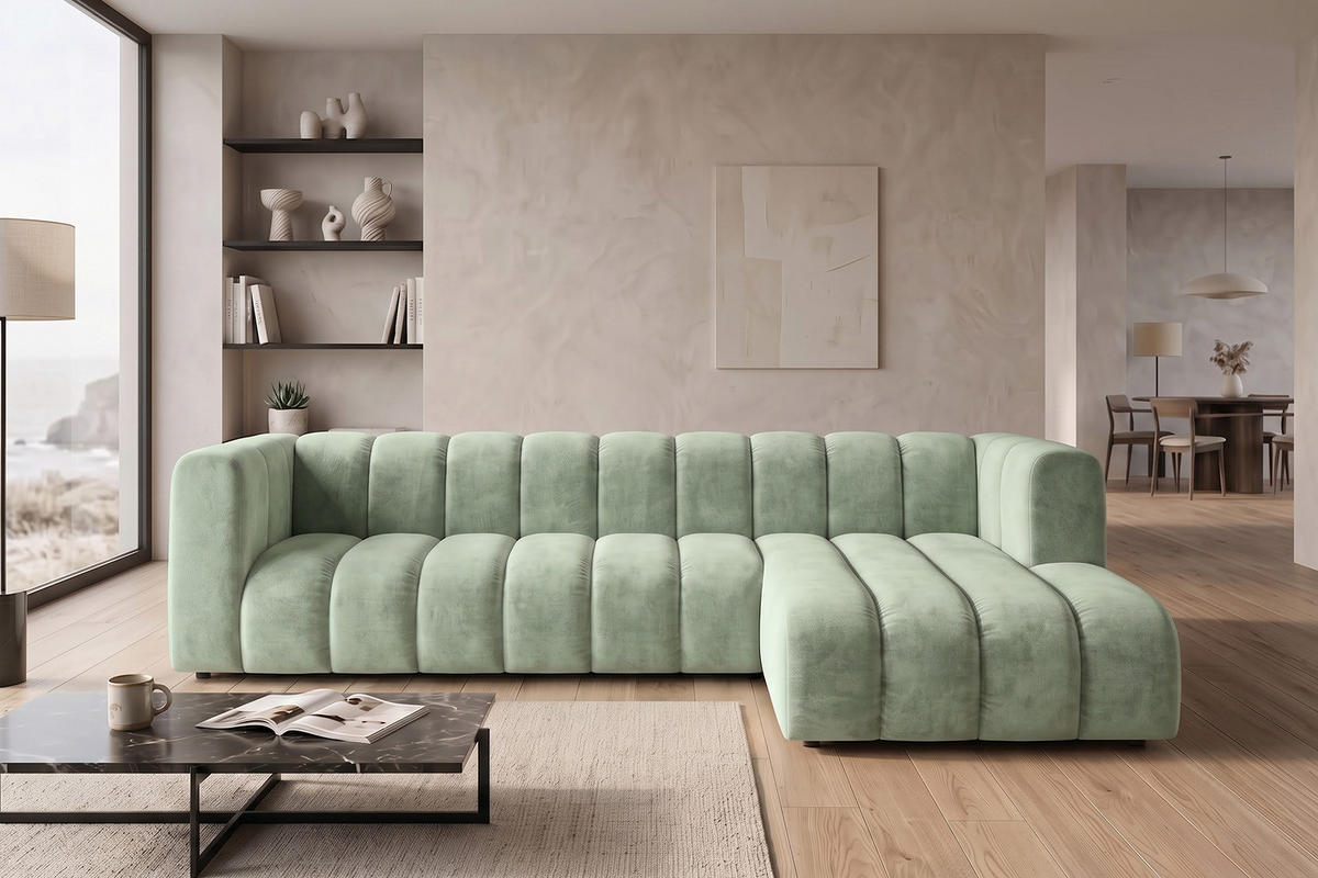 ECKSOFA Modulares In L-Form, Velvet-Stoff Riviera, Mintz, Rechts, GRAND 318 cm - Mintgrün, Holz (318/179cm) - Kaiser Möbel