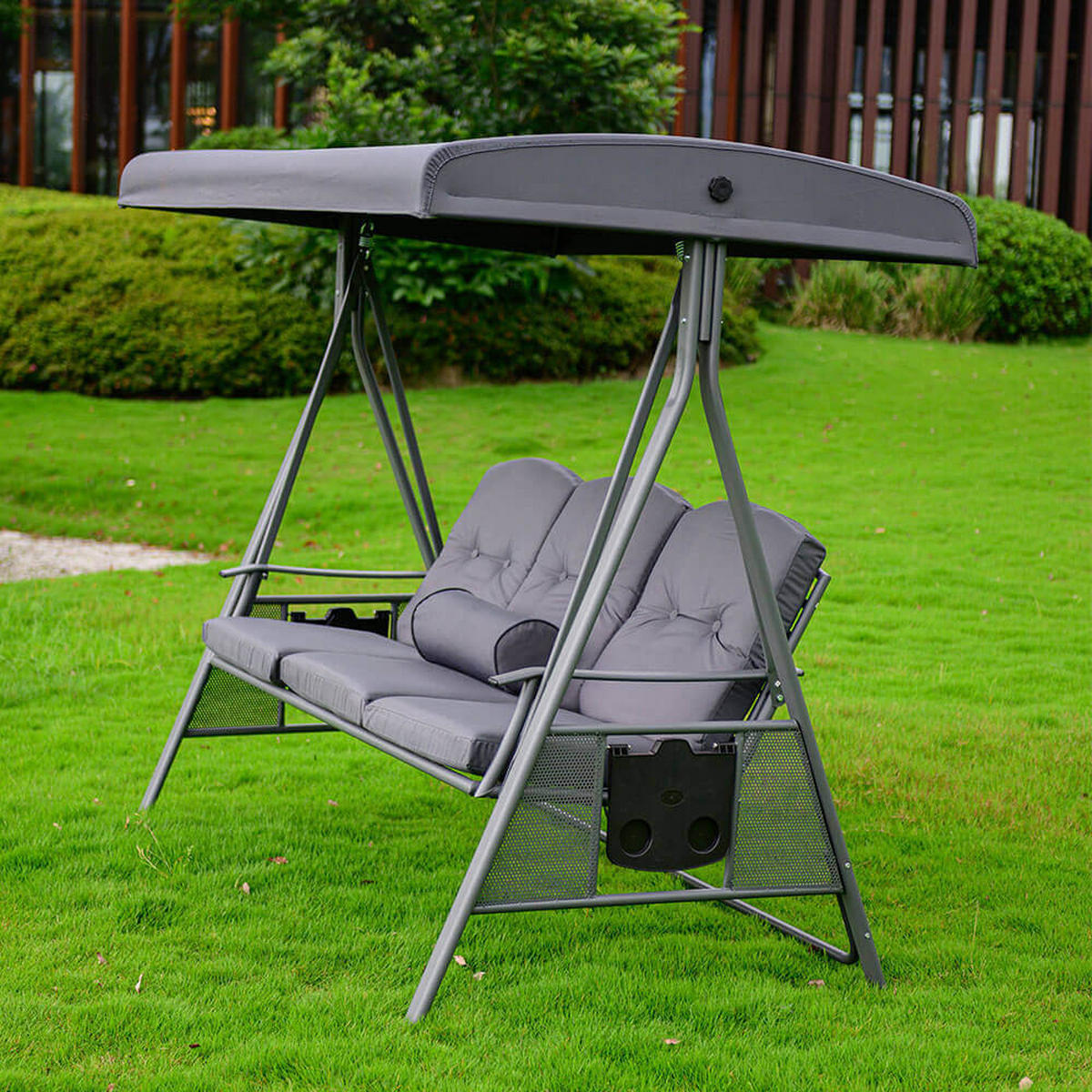 HOLLYWOODSCHAUKEL DESCANSO - Grau, Ohne Regenabdeckung - Grau, Textil/Metall (115/195/198cm) - Home Deluxe