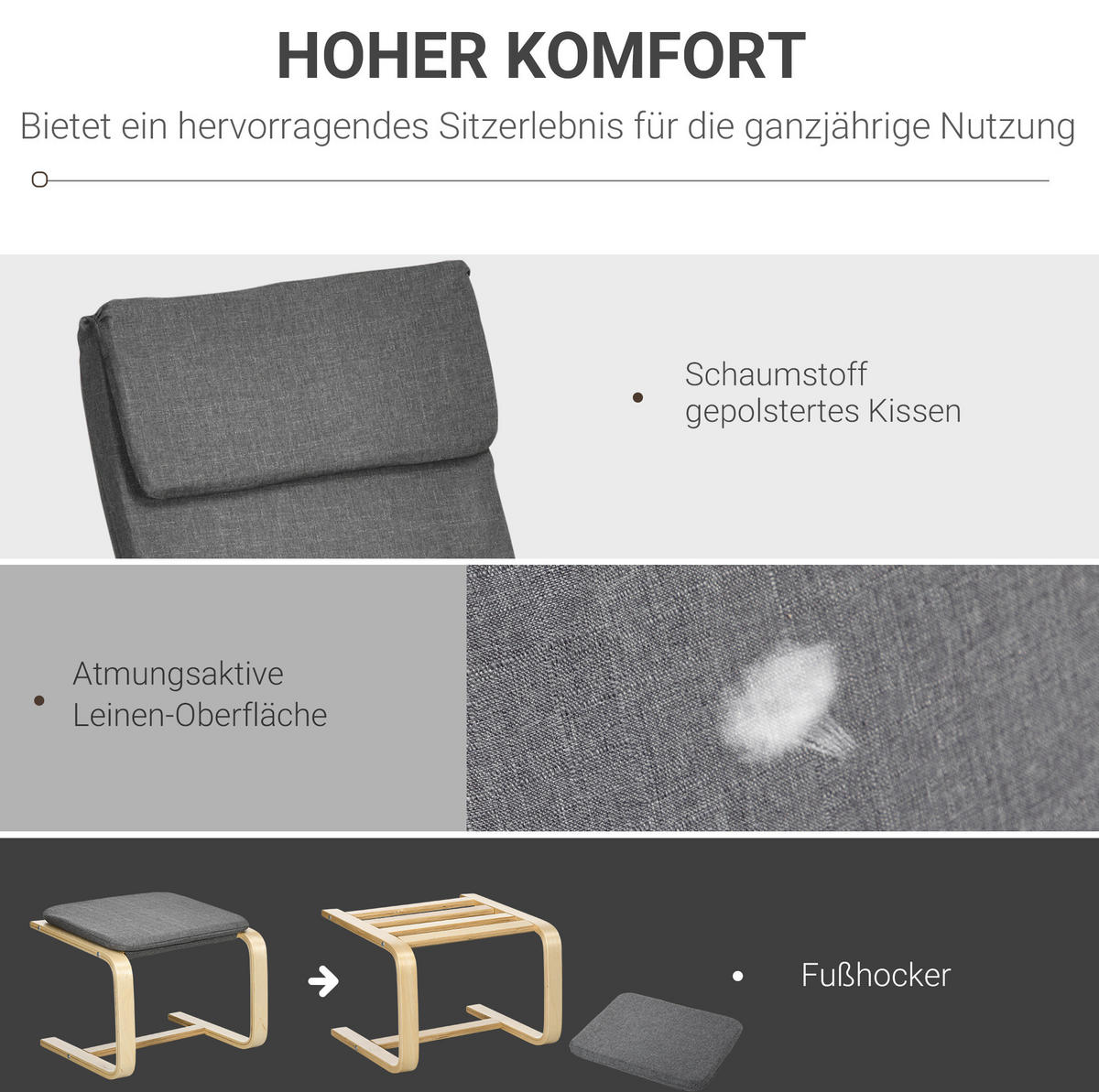 RELAXSESSEL 66.5/99/80 cm Grau aus Leinen mit Fußhocker - Grau, Textil (80/99/66.5cm) - OKMYHOME