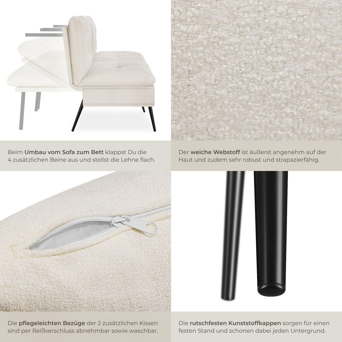 SCHLAFSOFA Tokio, Belastbarkeit 300 kg, 175 x 66 x 87 cm, creme-weiß - Creme/Weiß, Kunststoff/Textil (108/45/175cm) - tectake