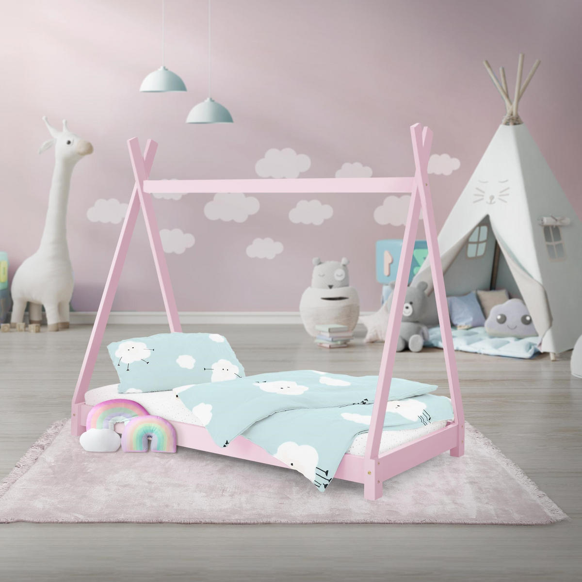 KINDERBETT Tipi 70x140 cm Rosa - Pink, Holz (77.5/137/147.5cm) - ML-DESIGN