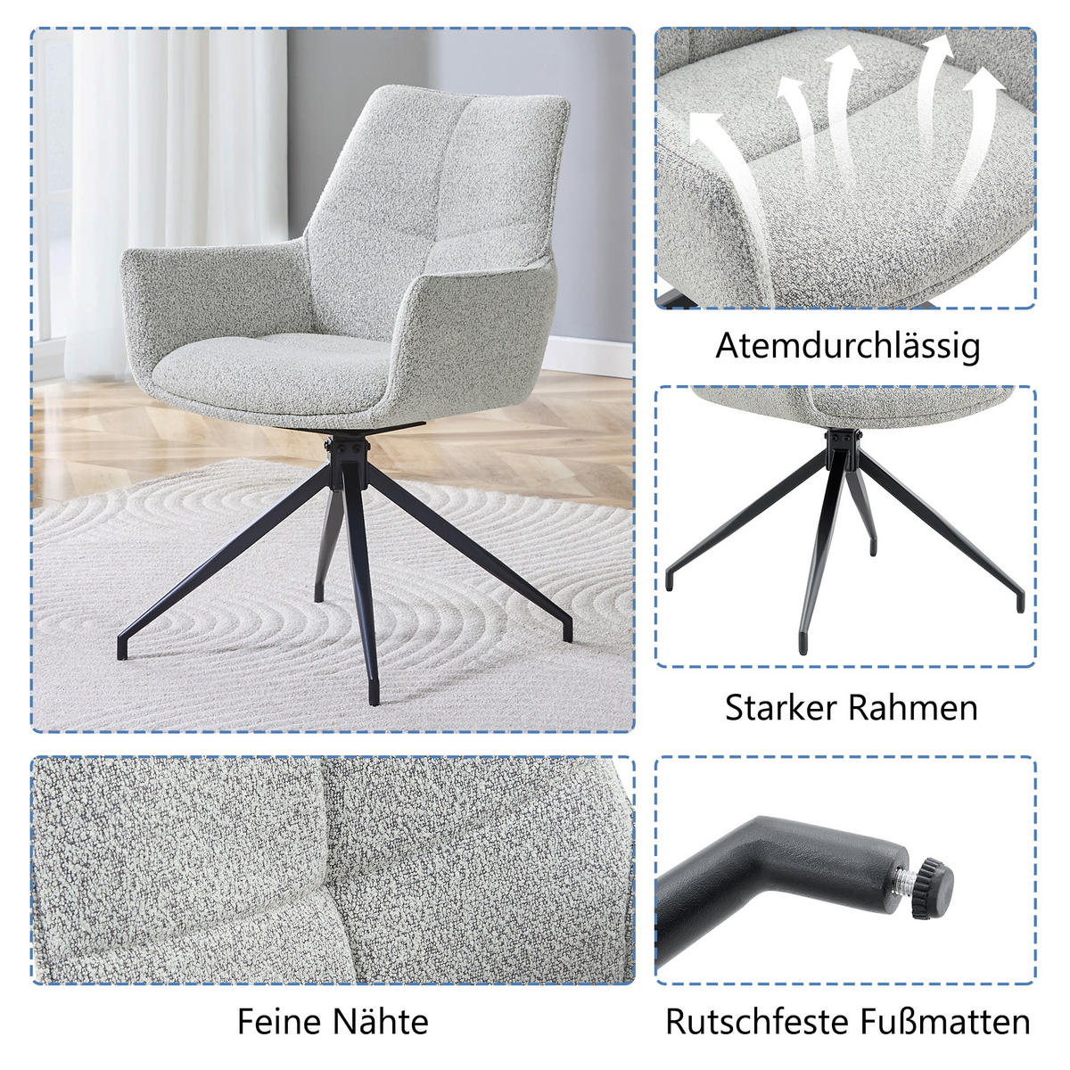 ARMLEHNSTUHL-SET DE-36554 2 Stück mit Stoffbezug Hellgrau - Hellgrau, Metall (50/85/48cm) - ComfortXL