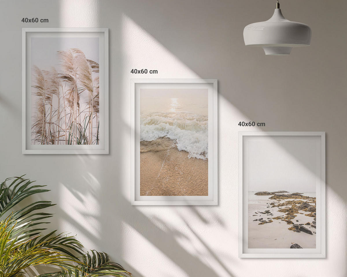 WANDBILDER 3er-Set - 40x60 cm Weißer Rahmen - Strandgras, Wellen, Steine, Boho-Stil - Weiß, Kunststoff (40/60cm) - ArtPrintCave