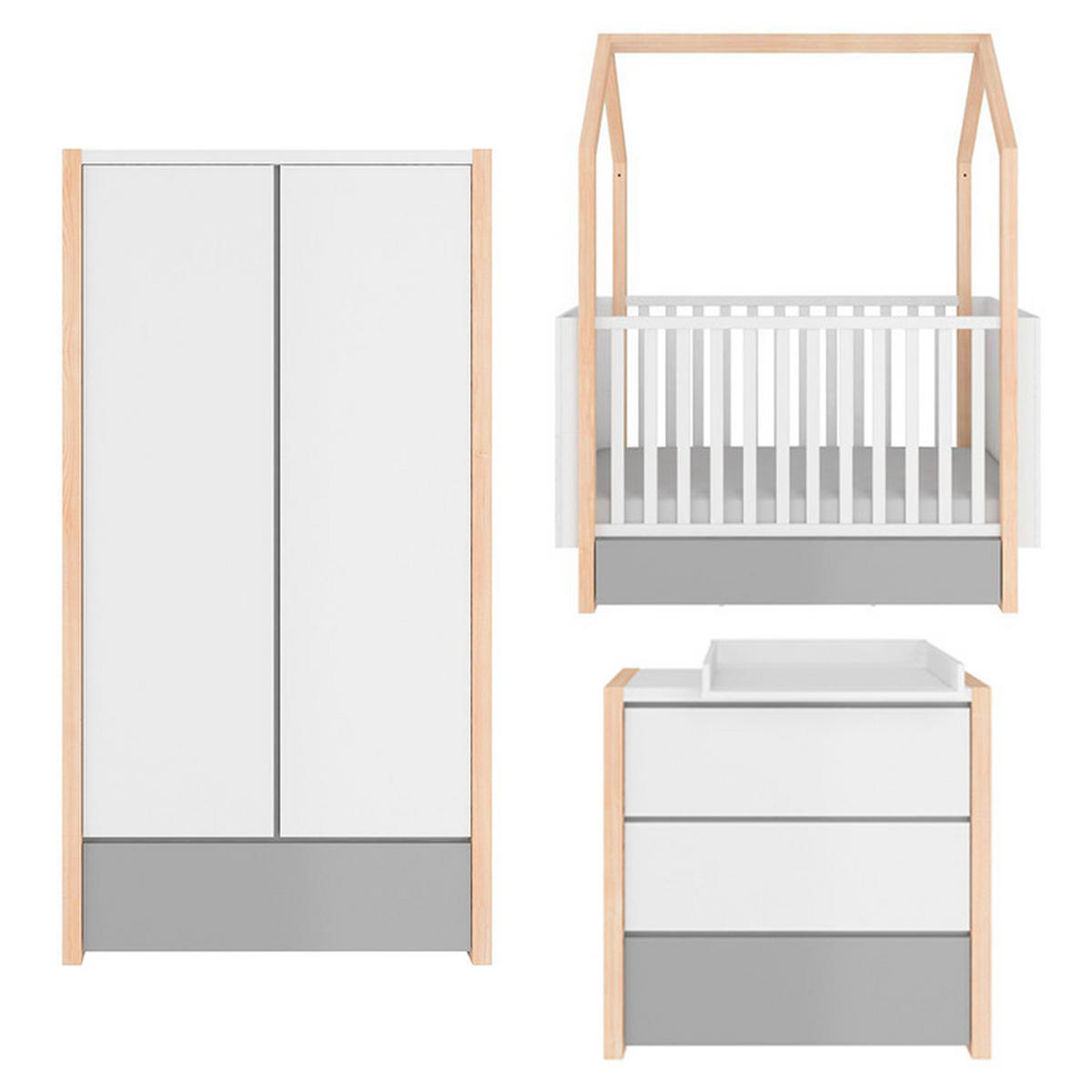 POKOJ PRO MIMINKO 3DÍLNÝ Bílá a šedá - bílá, kompozitní dřevo (144/86.5/80cm) - Petits-meubles