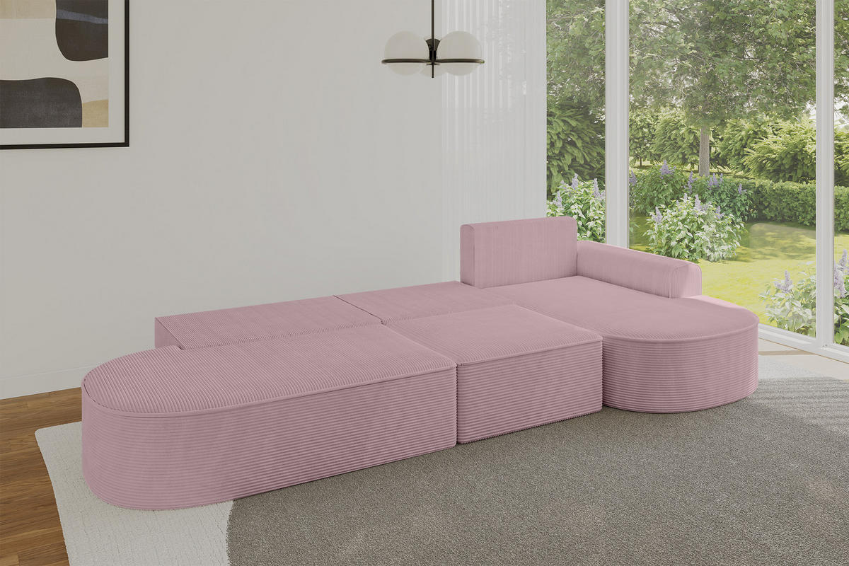 ECKSOFA mit Schlaffunktion Ottomane RECHTS MARI L2-S 368X167X85 Rosa Cord - Schwarz/Rosa, Holzwerkstoff/Kunststoff (167/368cm) - ALTDECOR