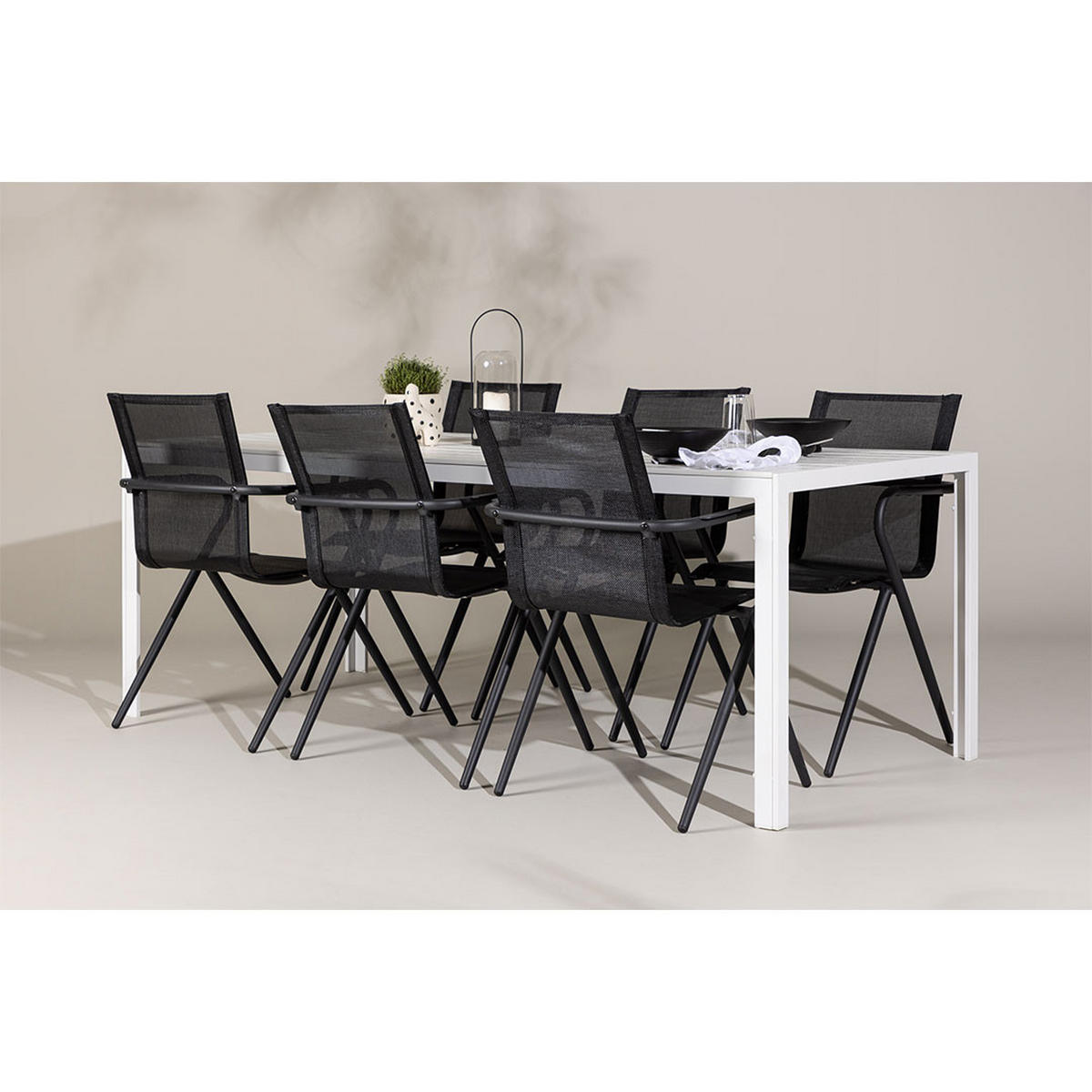 GARTENSET, Break, Tisch Weiß, Stühle Schwarz, Metall / Stoff, 90 x 205 x 75 cm, 7-teilig - Weiß, Metall - ebuy24